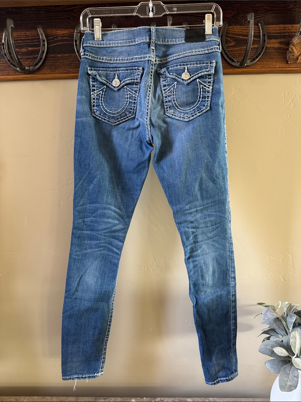 True Religion Women's Blue Skinny Jeans with Signature Pocket Stitching